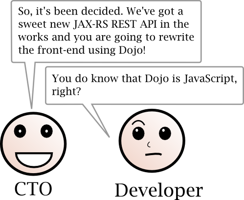 CTO: We've got a sweet new JX-RS REST API in the works and you are going to rewrite the front-end using Dojo! Developer: You do know that Dojo is JavaScript, right?